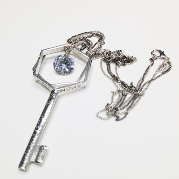 Key Necklace, Faith Pray Scripture KEY Long Silver Gray Chain, 30 Inches - Picture 1 of 14